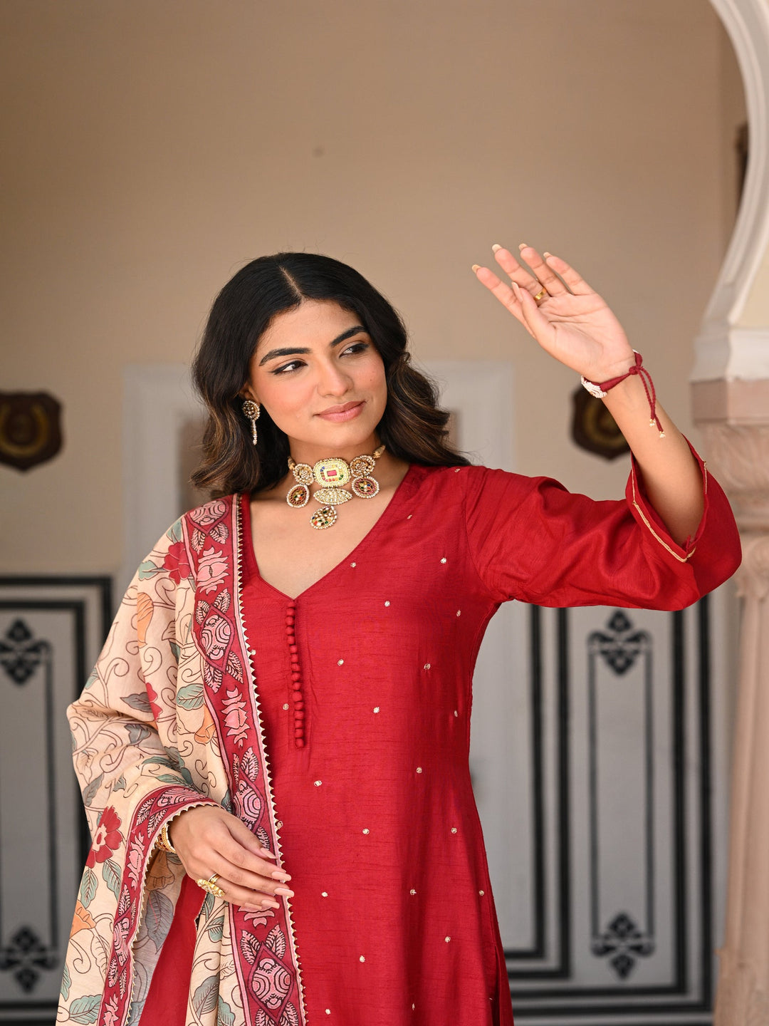 Shubh Red Kalamkari Dupatta Suit Set - SET OF- 3 | SHOBITAM
