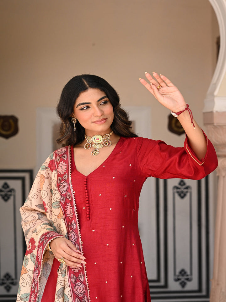 Shubh Red Kalamkari Dupatta Suit Set - SET OF- 3 | SHOBITAM