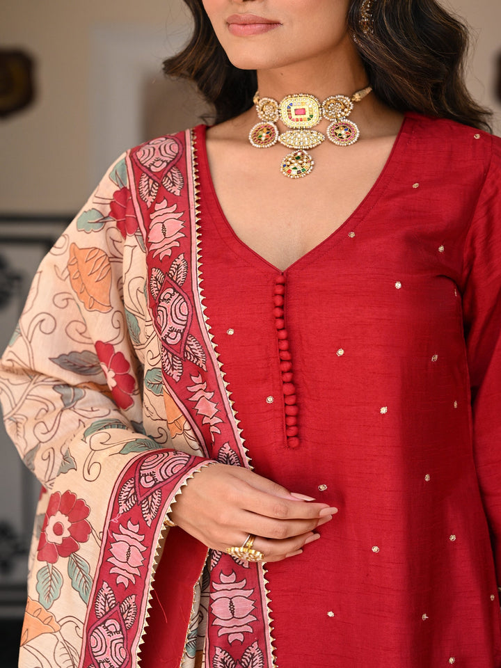 Shubh Red Kalamkari Dupatta Suit Set - SET OF- 3 | SHOBITAM