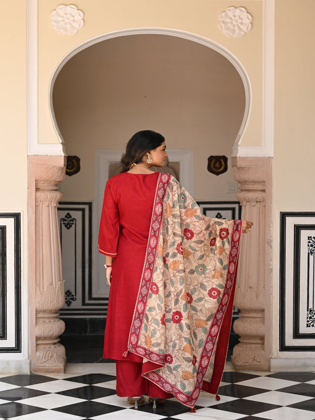 Shubh Red Kalamkari Dupatta Suit Set - SET OF- 3 | SHOBITAM