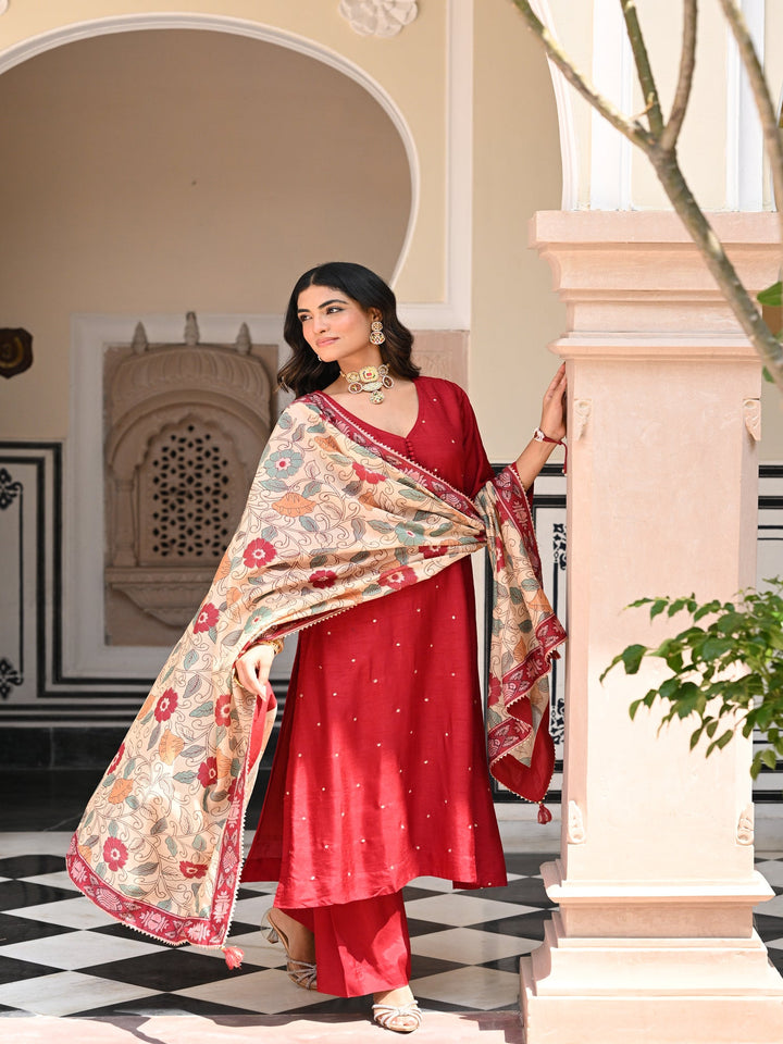 Shubh Red Kalamkari Dupatta Suit Set - SET OF- 3 | SHOBITAM