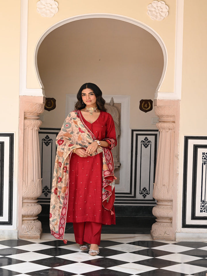 Shubh Red Kalamkari Dupatta Suit Set - SET OF- 3 | SHOBITAM