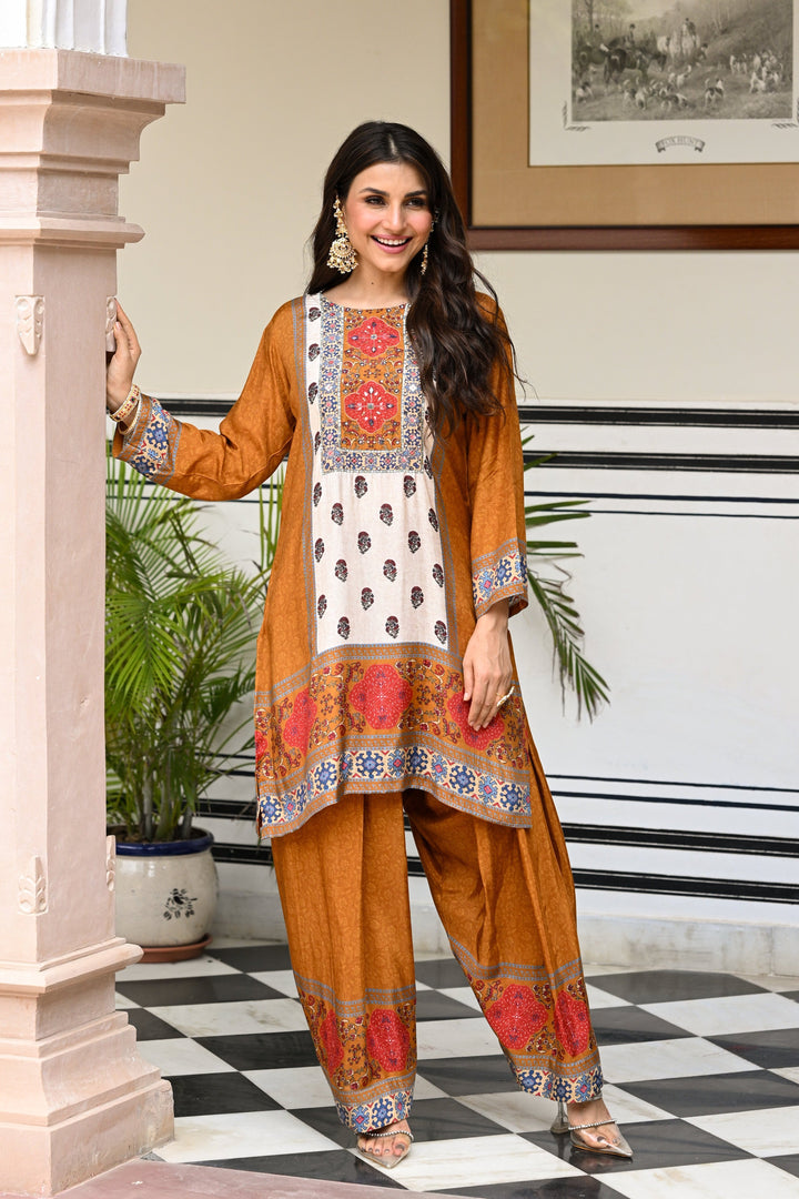 Mustard and Red Block Print Panel Placement Farsi Pant Kurta Set- SET OF-2 | SHOBITAM