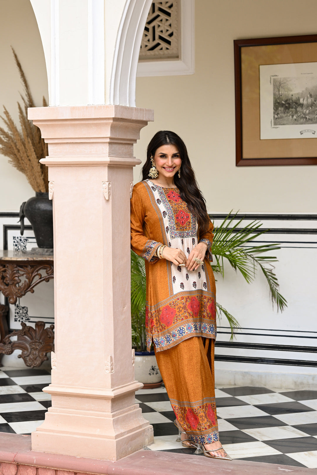 Mustard and Red Block Print Panel Placement Farsi Pant Kurta Set- SET OF-2 | SHOBITAM