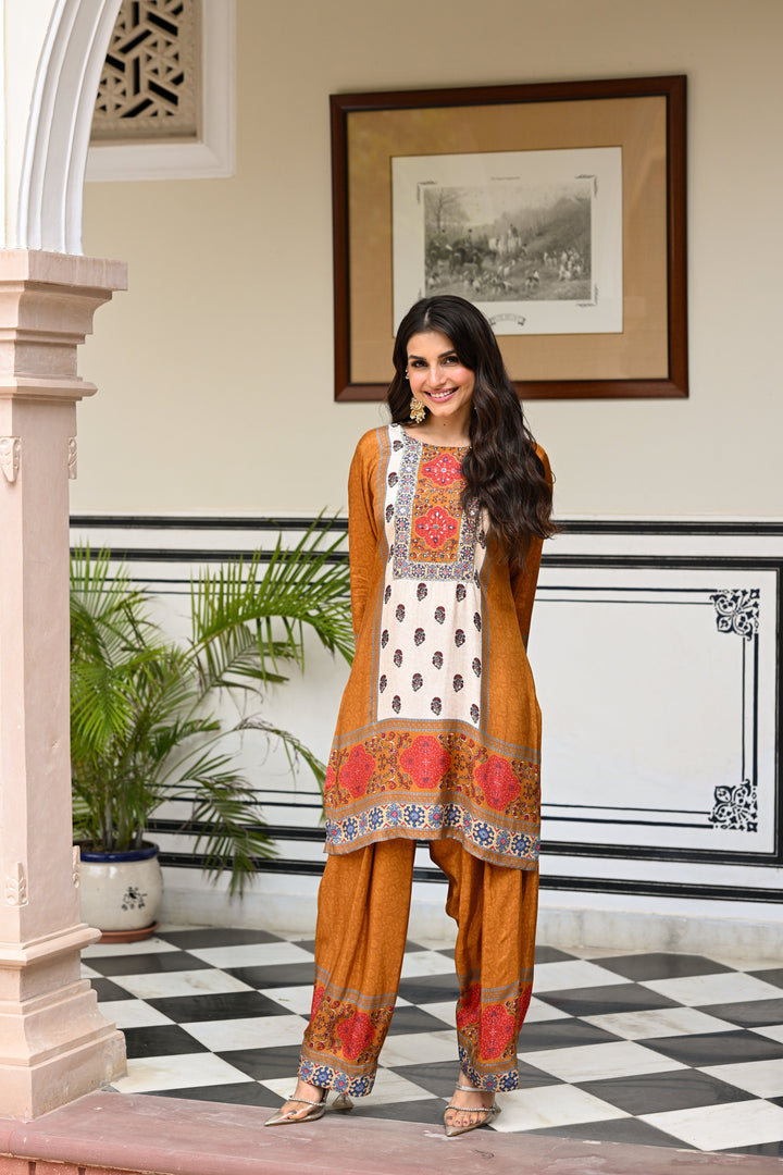 Mustard and Red Block Print Panel Placement Farsi Pant Kurta Set- SET OF-2 | SHOBITAM