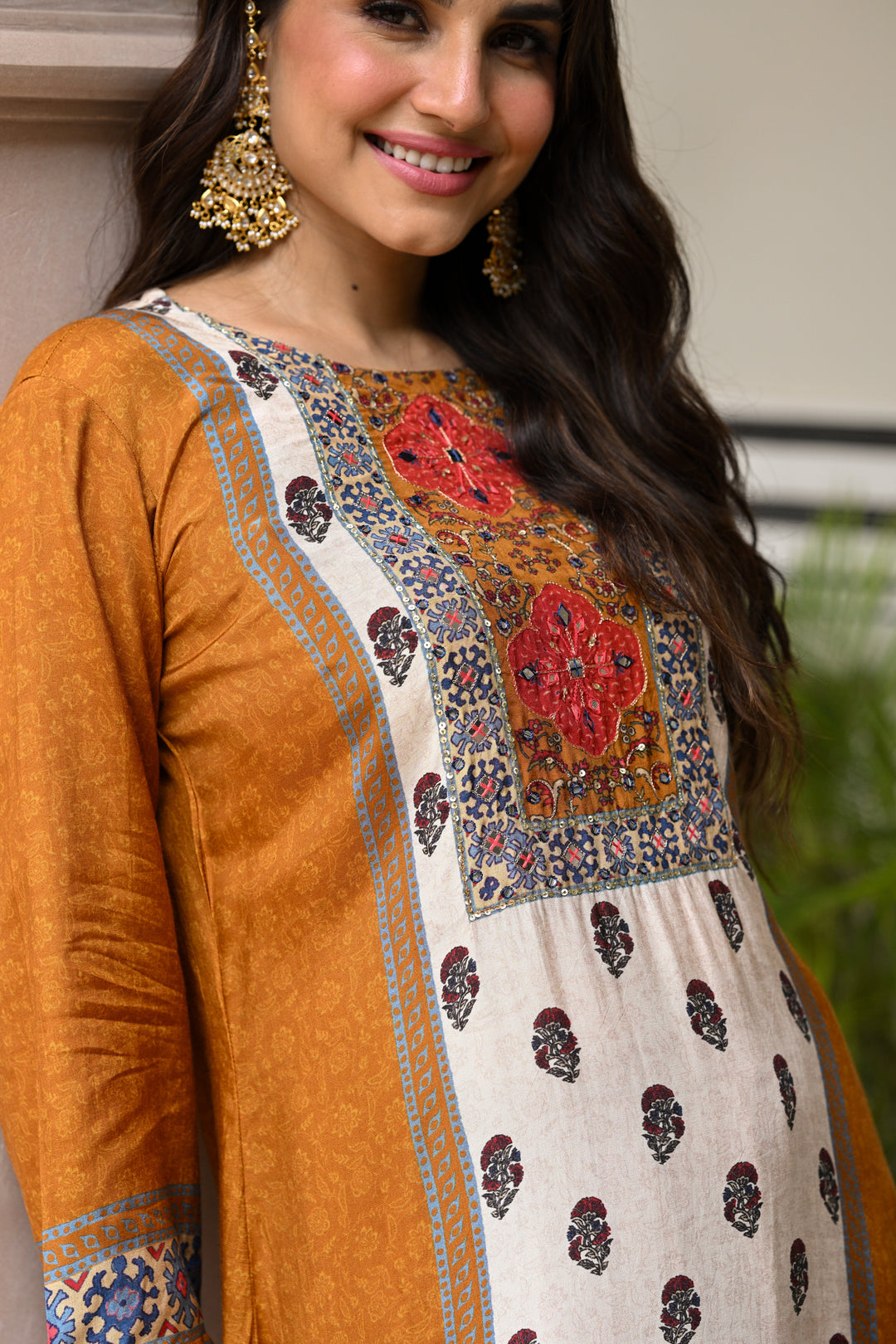 Mustard and Red Block Print Panel Placement Farsi Pant Kurta Set- SET OF-2 | SHOBITAM