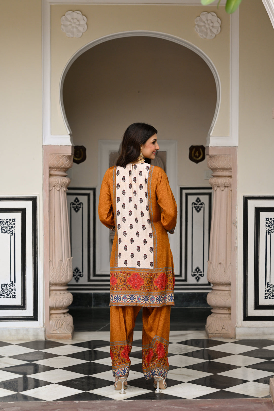 Mustard and Red Block Print Panel Placement Farsi Pant Kurta Set- SET OF-2 | SHOBITAM