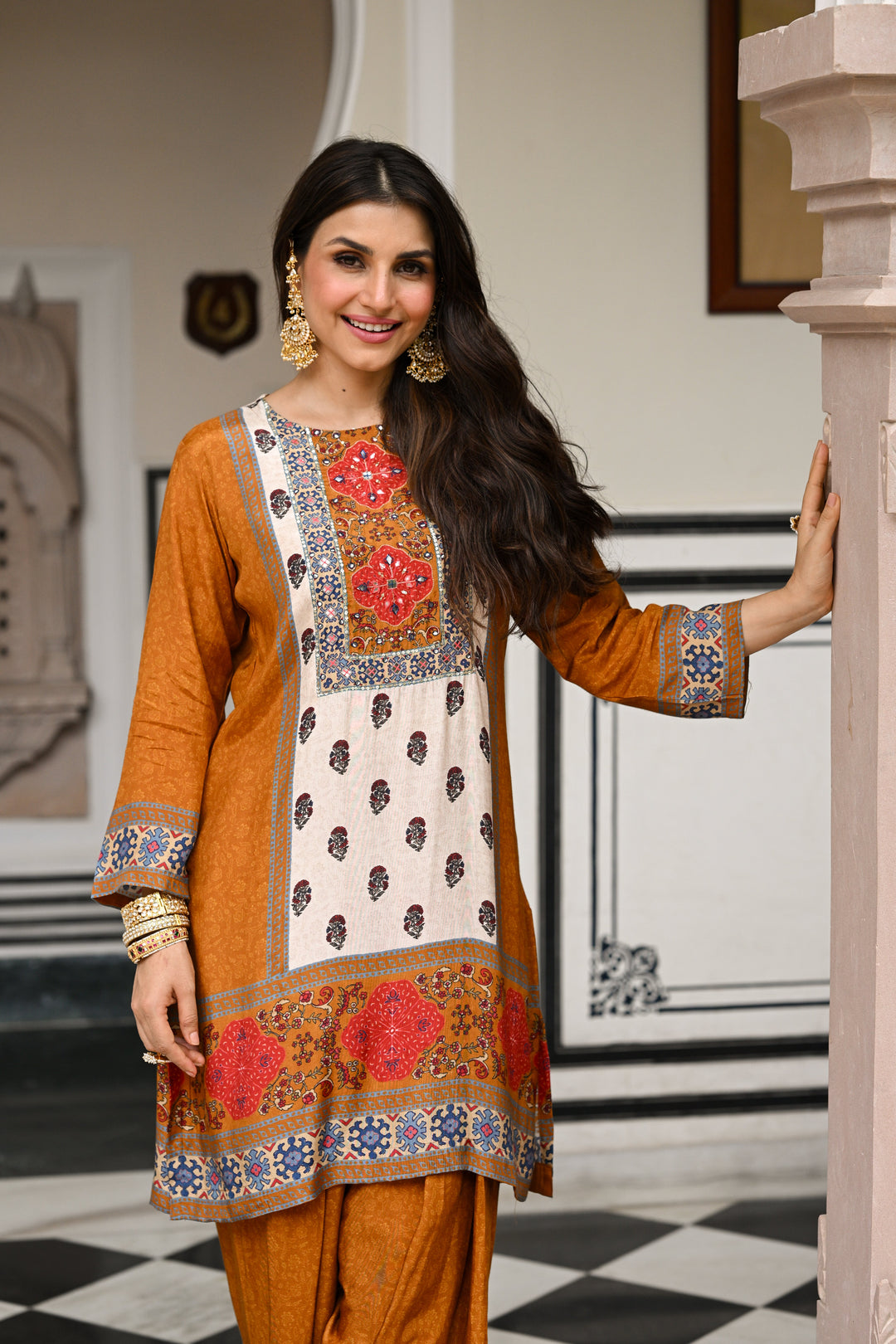 Mustard and Red Block Print Panel Placement Farsi Pant Kurta Set- SET OF-2 | SHOBITAM