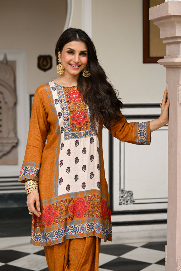 Mustard and Red Block Print Panel Placement Farsi Pant Kurta Set- SET OF-2 | SHOBITAM