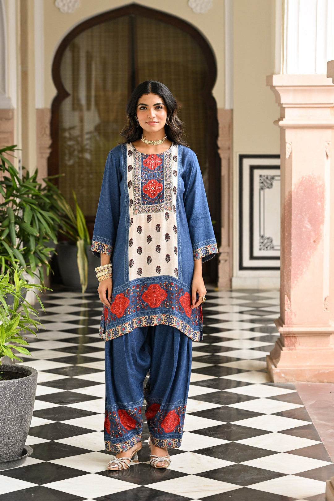 Blue and Red Block Print Panel Placement Farsi Pant Kurta Set- SET OF-2 | SHOBITAM