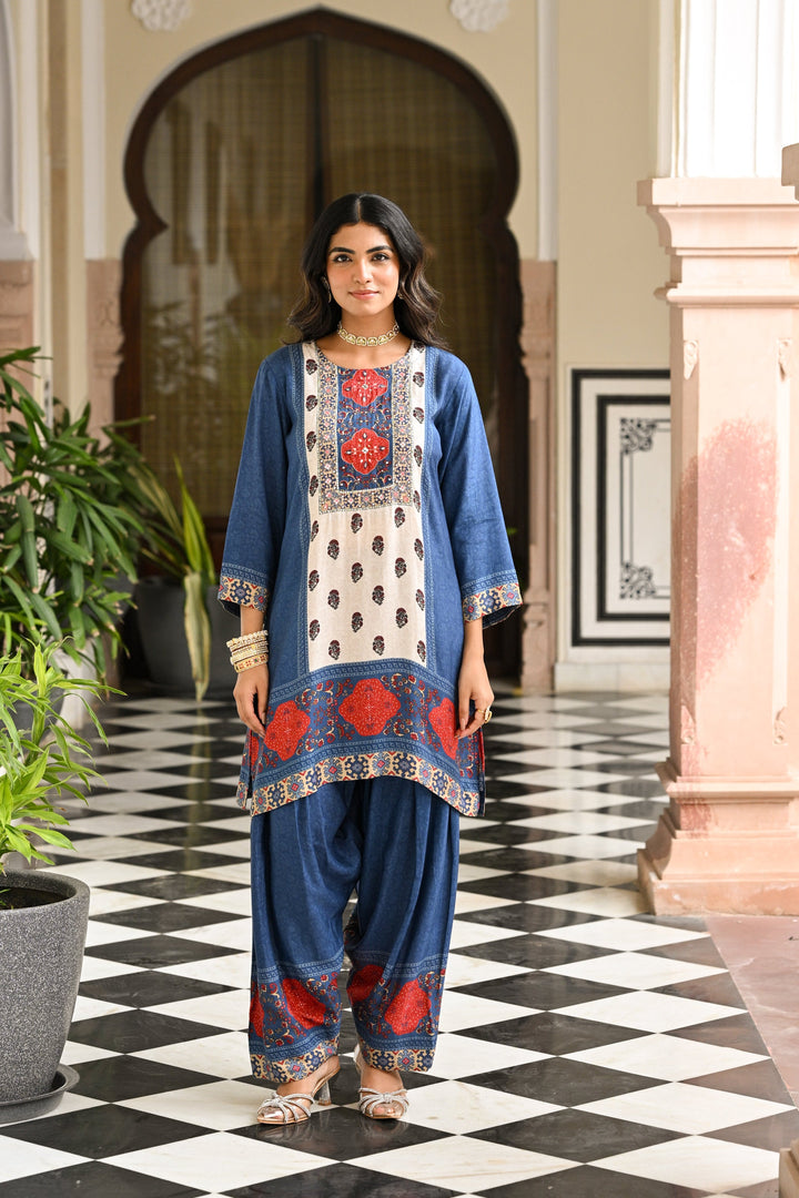 Blue and Red Block Print Panel Placement Farsi Pant Kurta Set- SET OF-2 | SHOBITAM