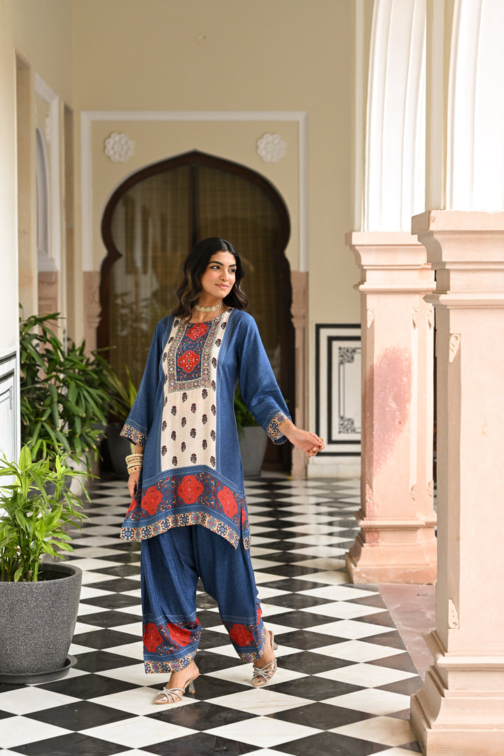 Blue and Red Block Print Panel Placement Farsi Pant Kurta Set- SET OF-2 | SHOBITAM