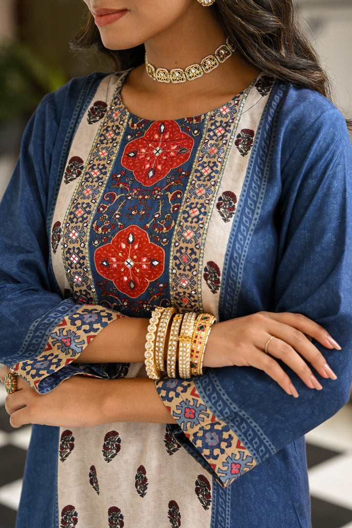 Blue and Red Block Print Panel Placement Farsi Pant Kurta Set- SET OF-2 | SHOBITAM