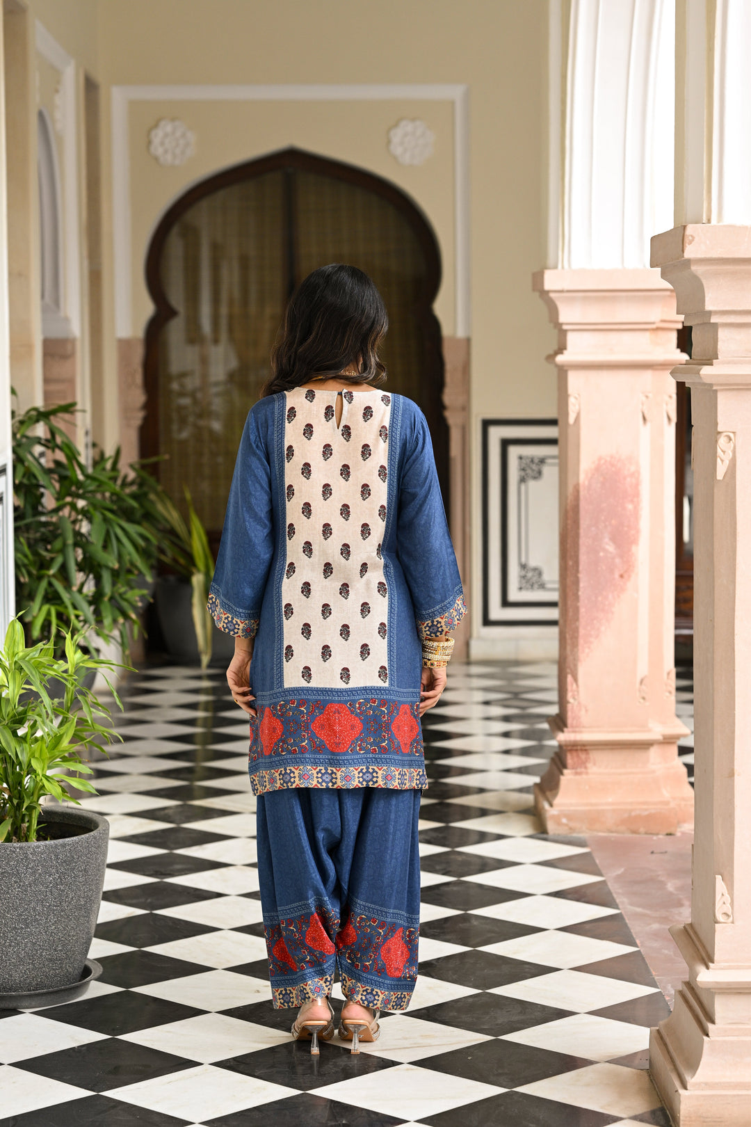 Blue and Red Block Print Panel Placement Farsi Pant Kurta Set- SET OF-2 | SHOBITAM