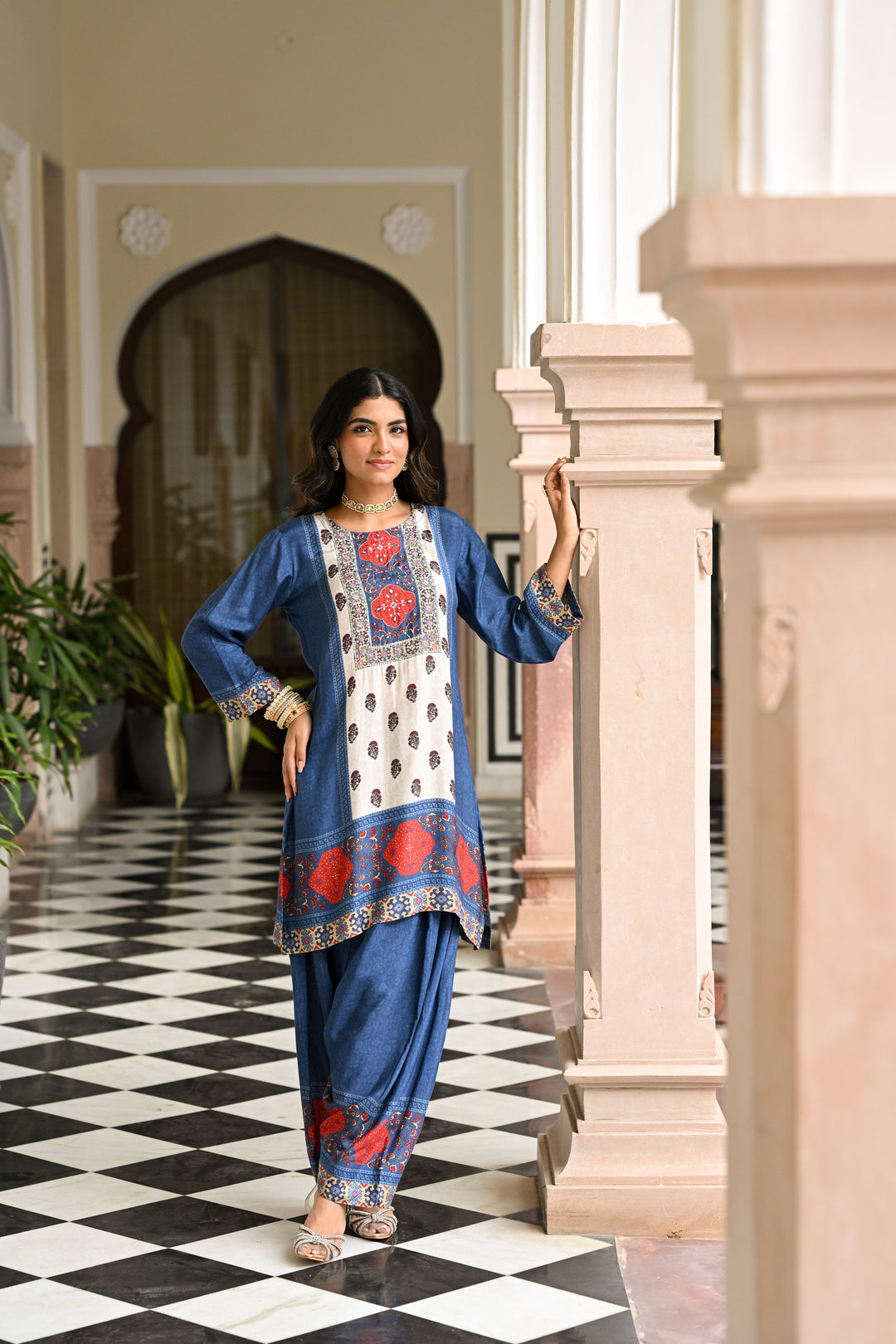 Blue and Red Block Print Panel Placement Farsi Pant Kurta Set- SET OF-2 | SHOBITAM