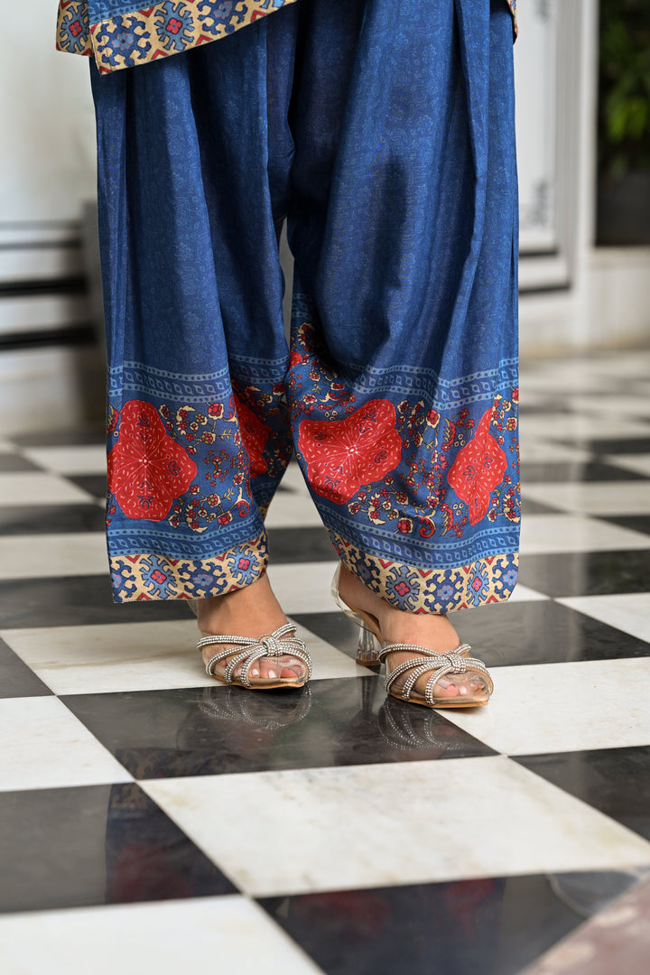 Blue and Red Block Print Panel Placement Farsi Pant Kurta Set- SET OF-2 | SHOBITAM