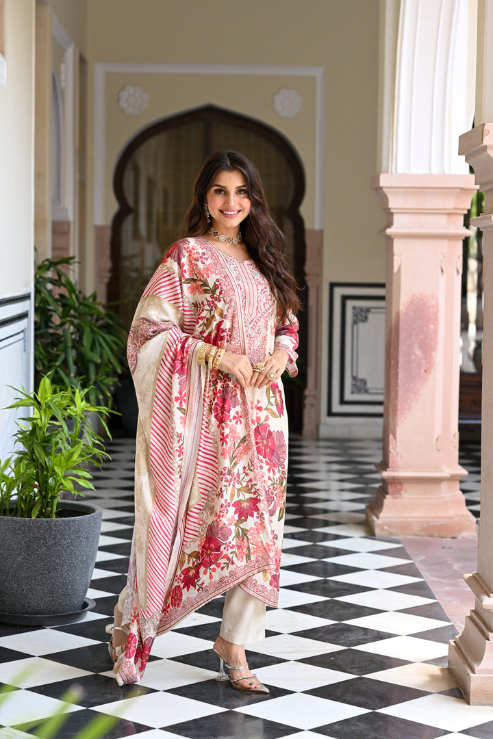 White and Red Floral Thread Embroidery Muslin Suit Set - SET OF-3 | SHOBITAM