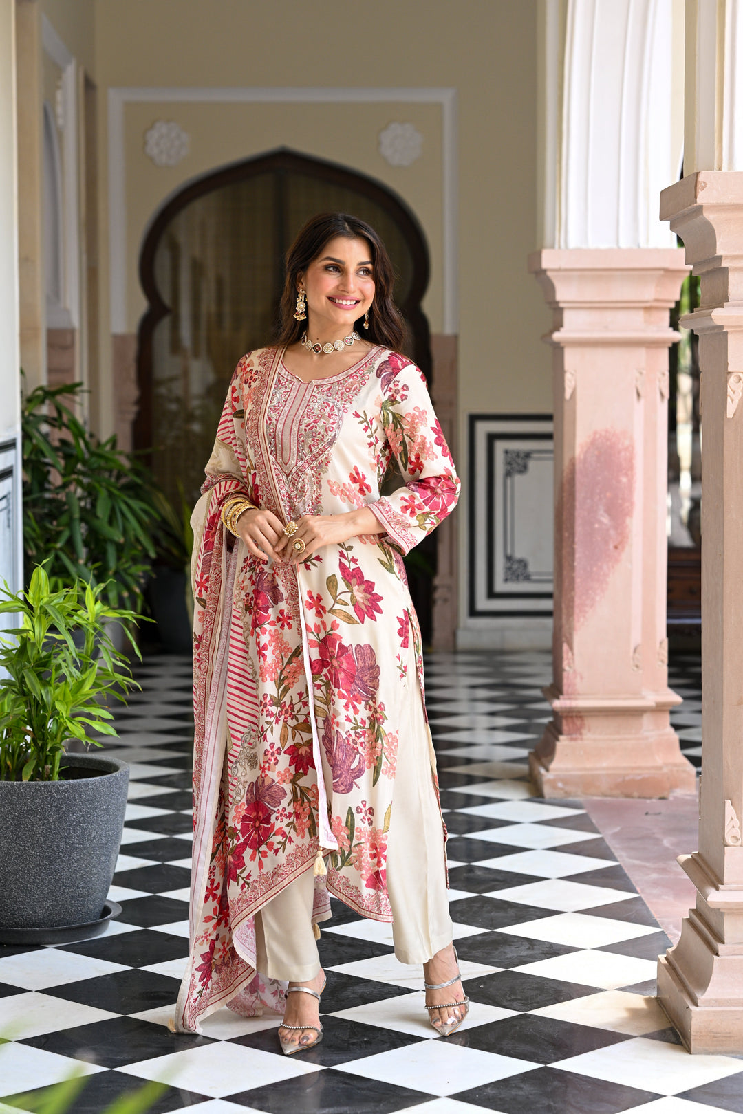 White and Red Floral Thread Embroidery Muslin Suit Set - SET OF-3 | SHOBITAM