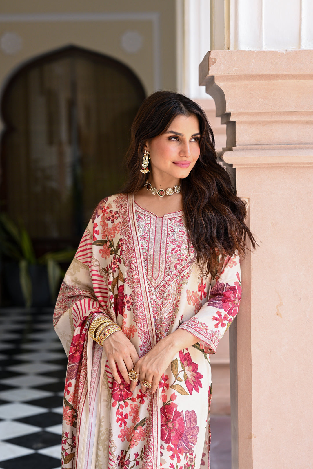 White and Red Floral Thread Embroidery Muslin Suit Set - SET OF-3 | SHOBITAM