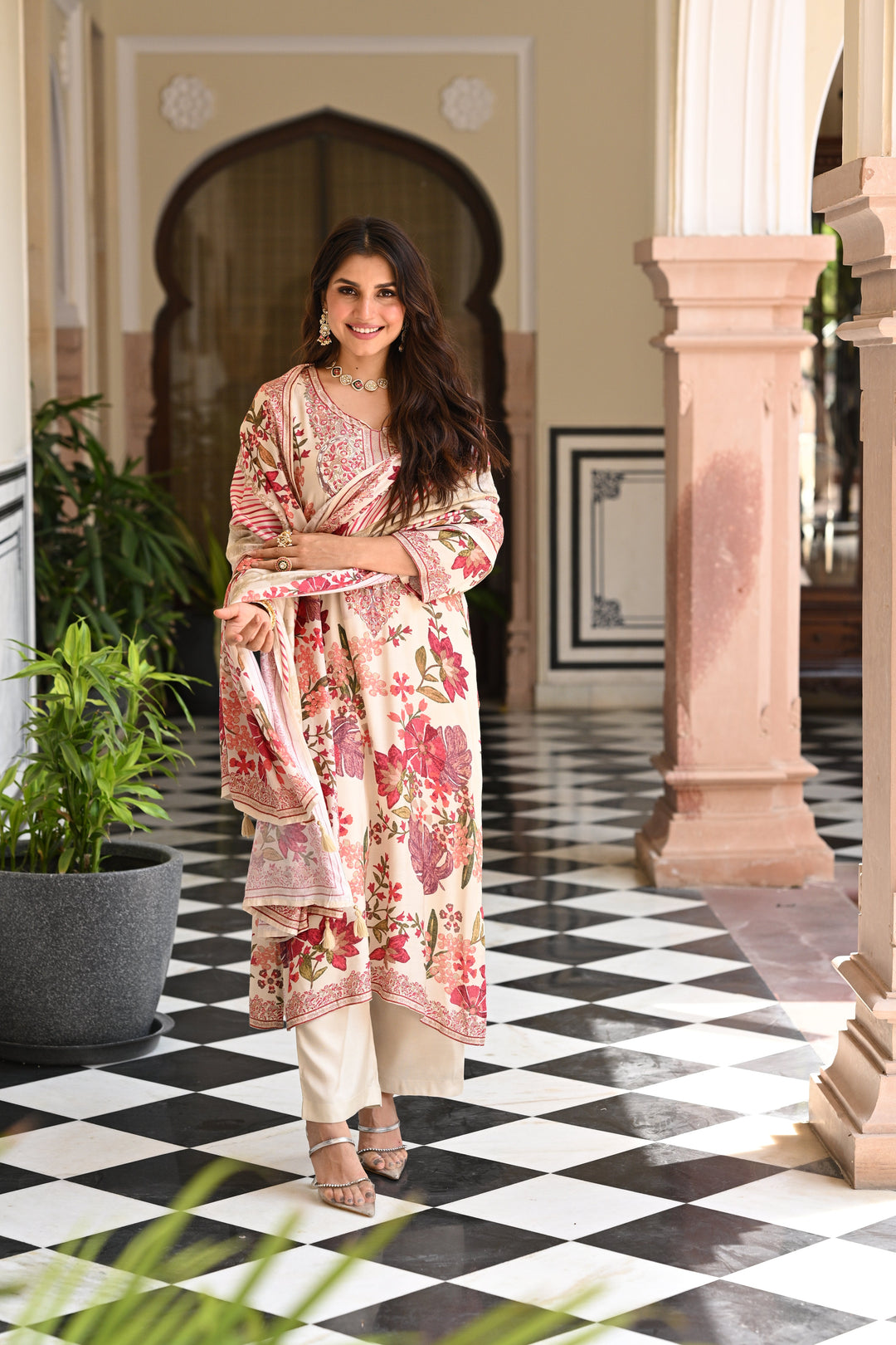White and Red Floral Thread Embroidery Muslin Suit Set - SET OF-3 | SHOBITAM