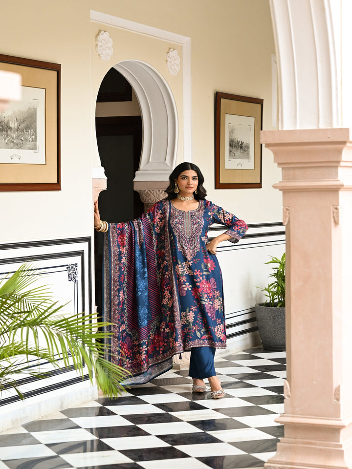 Blue and Red Floral Thread Embroidery Muslin Suit Set - SET OF-3 | SHOBITAM