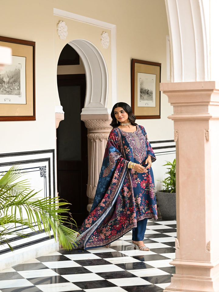 Blue and Red Floral Thread Embroidery Muslin Suit Set - SET OF-3 | SHOBITAM