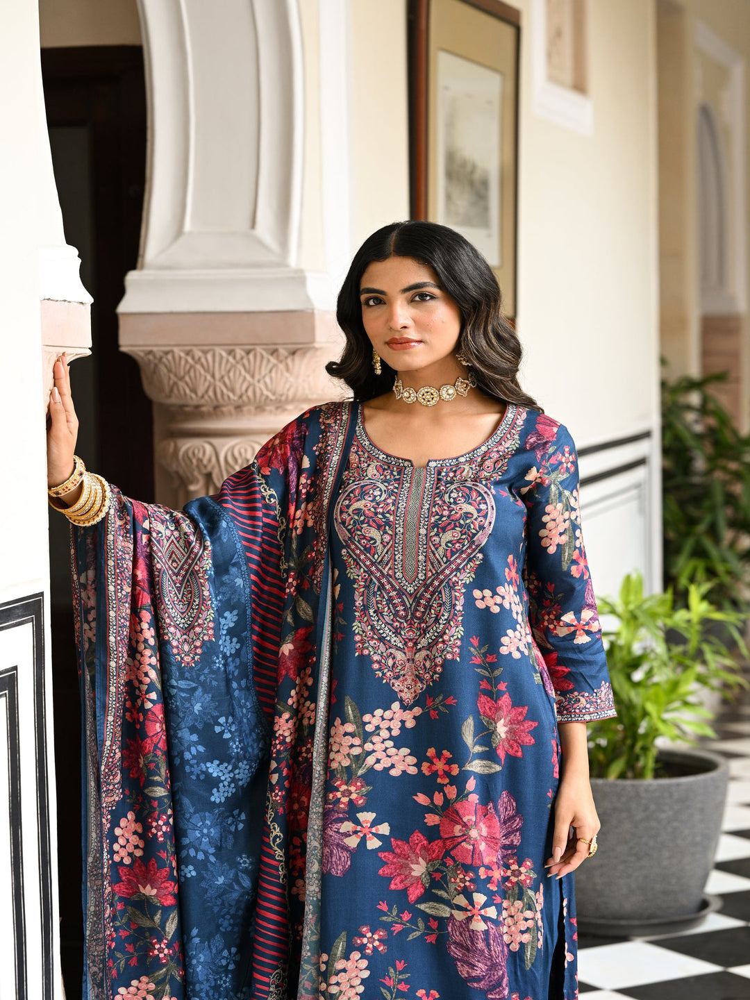 Blue and Red Floral Thread Embroidery Muslin Suit Set - SET OF-3 | SHOBITAM