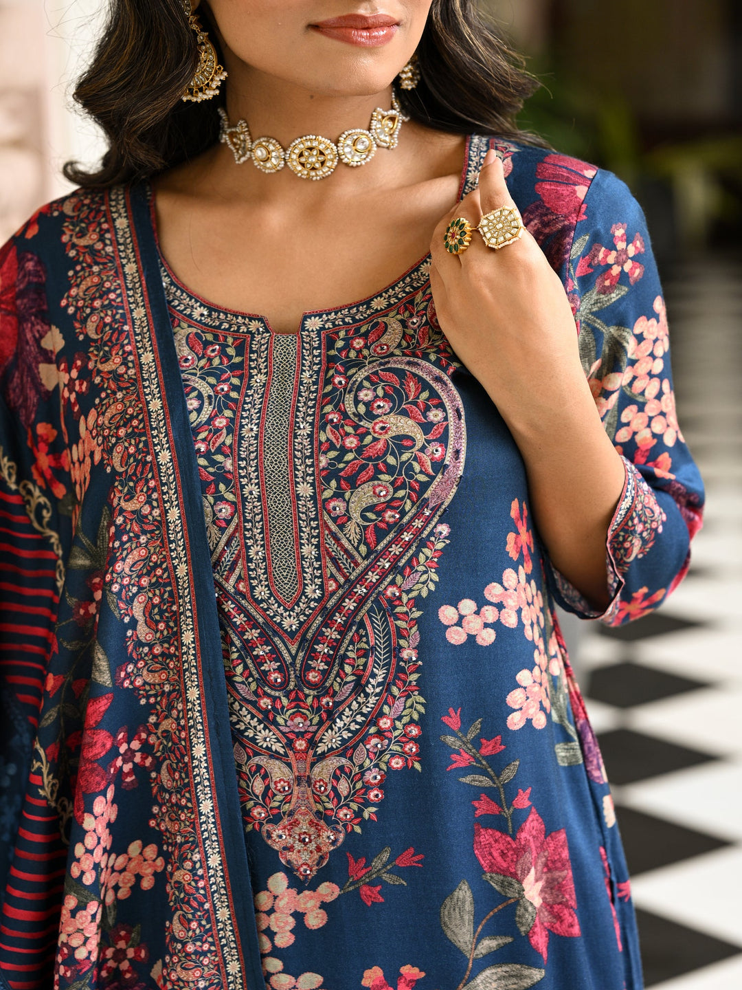 Blue and Red Floral Thread Embroidery Muslin Suit Set - SET OF-3 | SHOBITAM