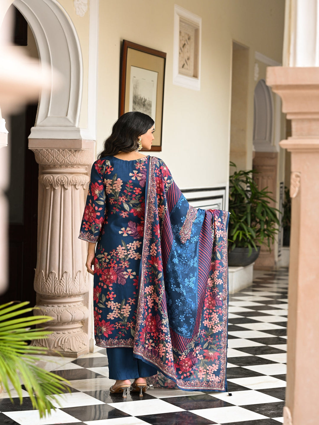 Blue and Red Floral Thread Embroidery Muslin Suit Set - SET OF-3 | SHOBITAM