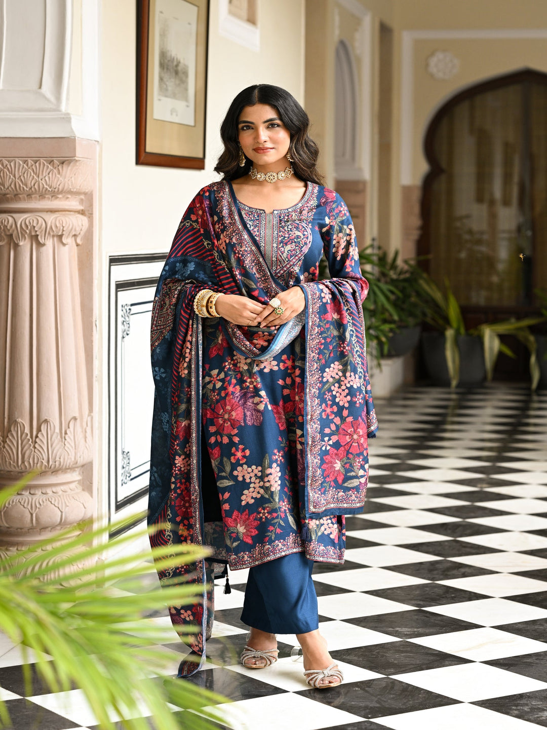 Blue and Red Floral Thread Embroidery Muslin Suit Set - SET OF-3 | SHOBITAM
