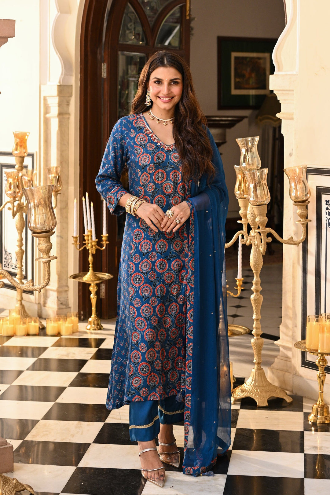 Blue Indigo Ajrakh Panel Print With Gota Spread Work Kurta with Pure Chiffon Dupatta Spread Gota Work and Muslin Ajrakh Border Suit Set - SET OF -3| SHOBITAM