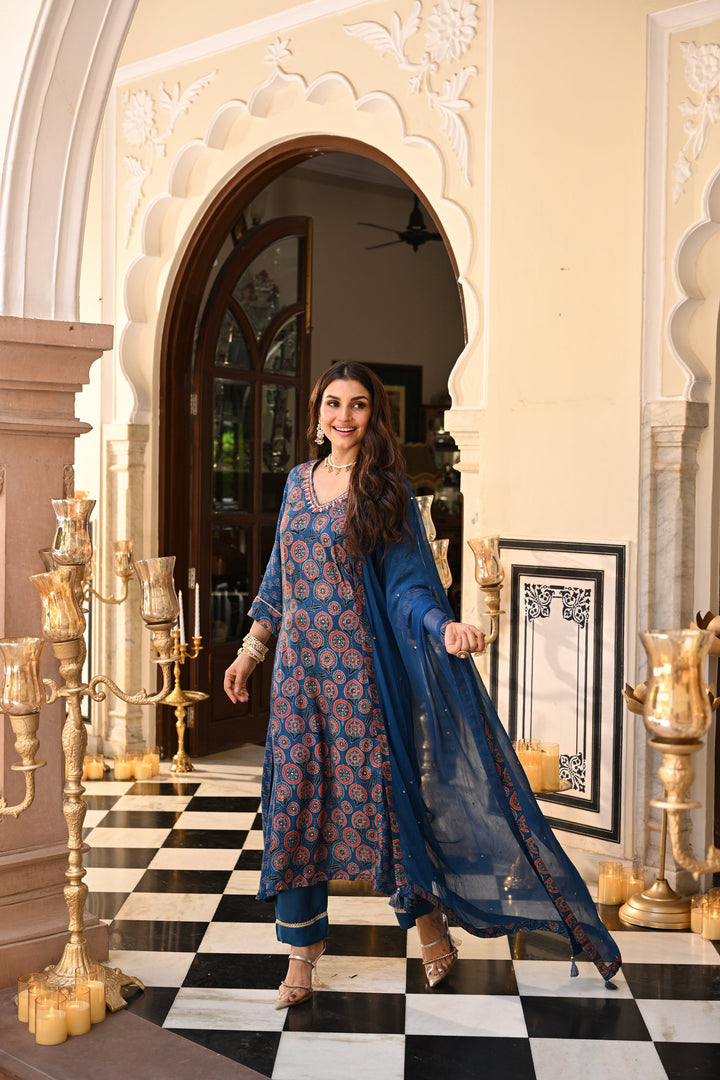 Blue Indigo Ajrakh Panel Print With Gota Spread Work Kurta with Pure Chiffon Dupatta Spread Gota Work and Muslin Ajrakh Border Suit Set - SET OF -3| SHOBITAM