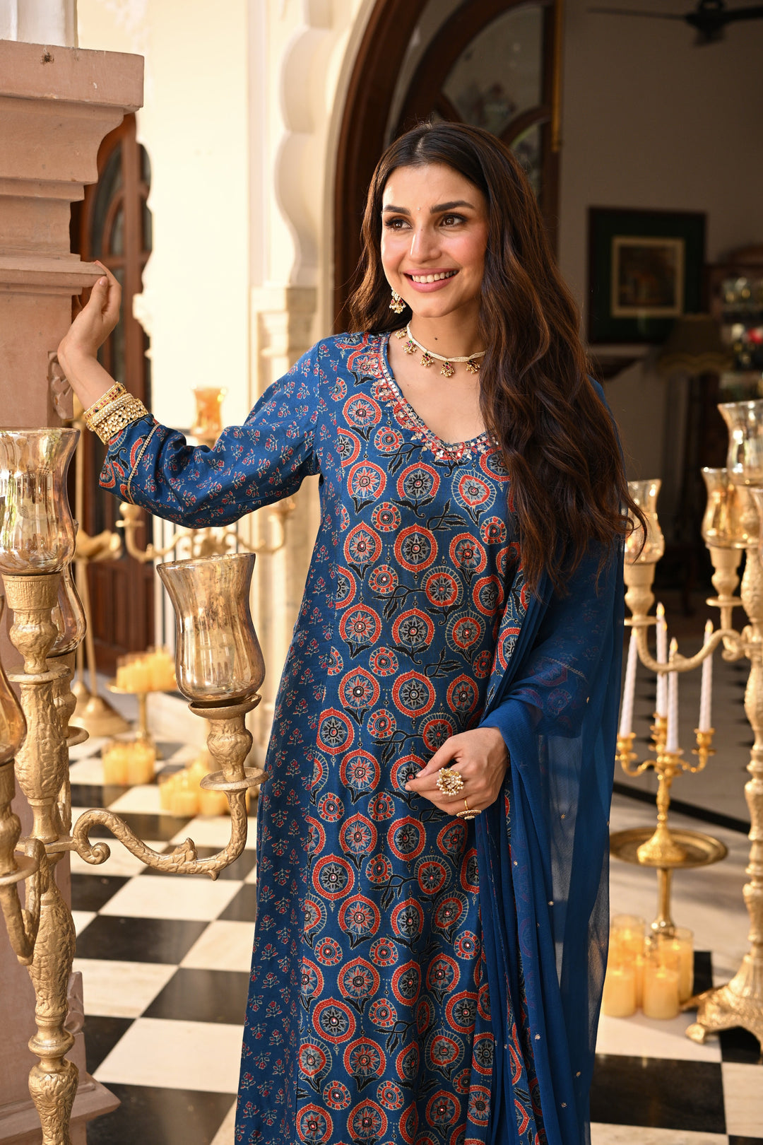 Blue Indigo Ajrakh Panel Print With Gota Spread Work Kurta with Pure Chiffon Dupatta Spread Gota Work and Muslin Ajrakh Border Suit Set - SET OF -3| SHOBITAM