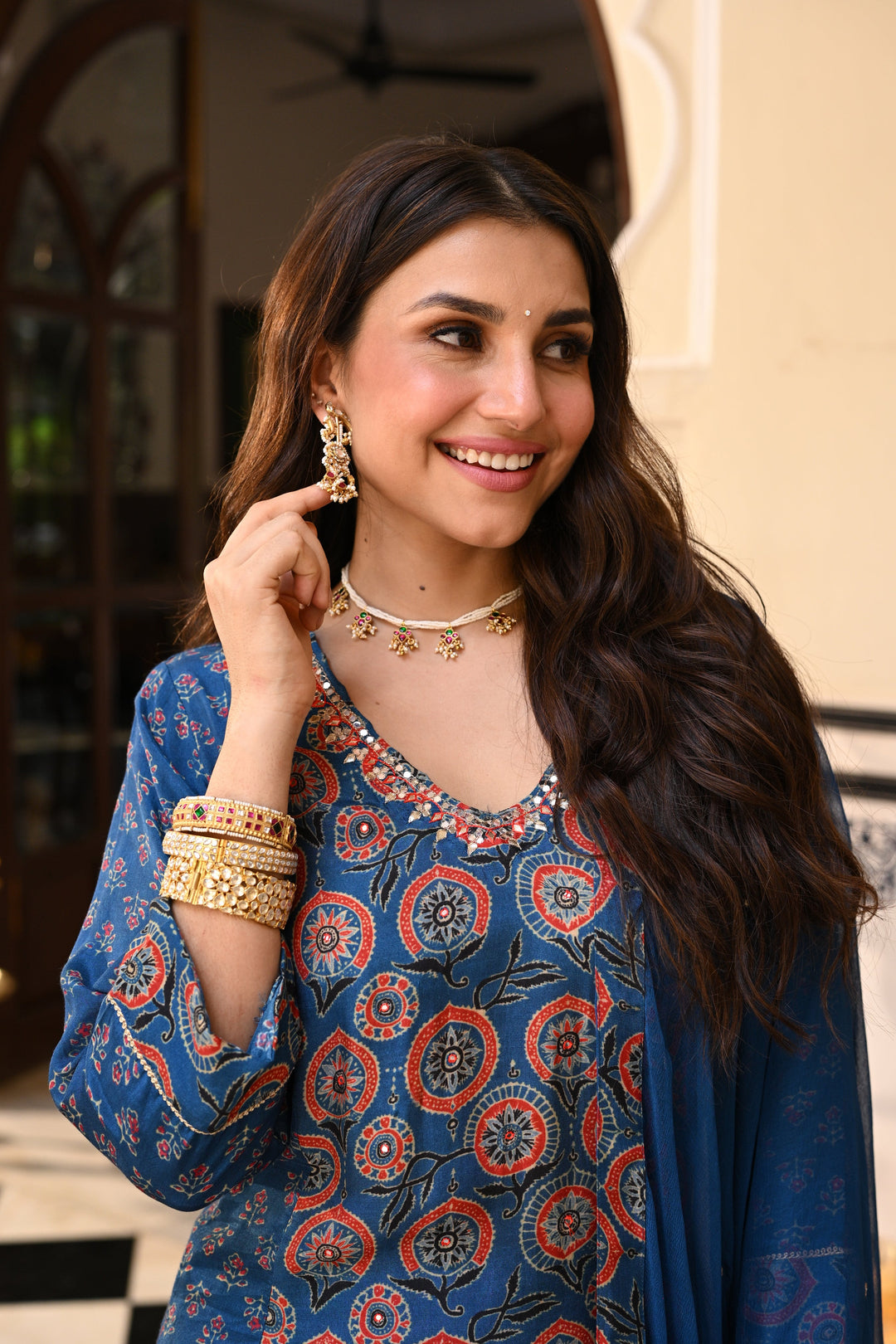 Blue Indigo Ajrakh Panel Print With Gota Spread Work Kurta with Pure Chiffon Dupatta Spread Gota Work and Muslin Ajrakh Border Suit Set - SET OF -3| SHOBITAM