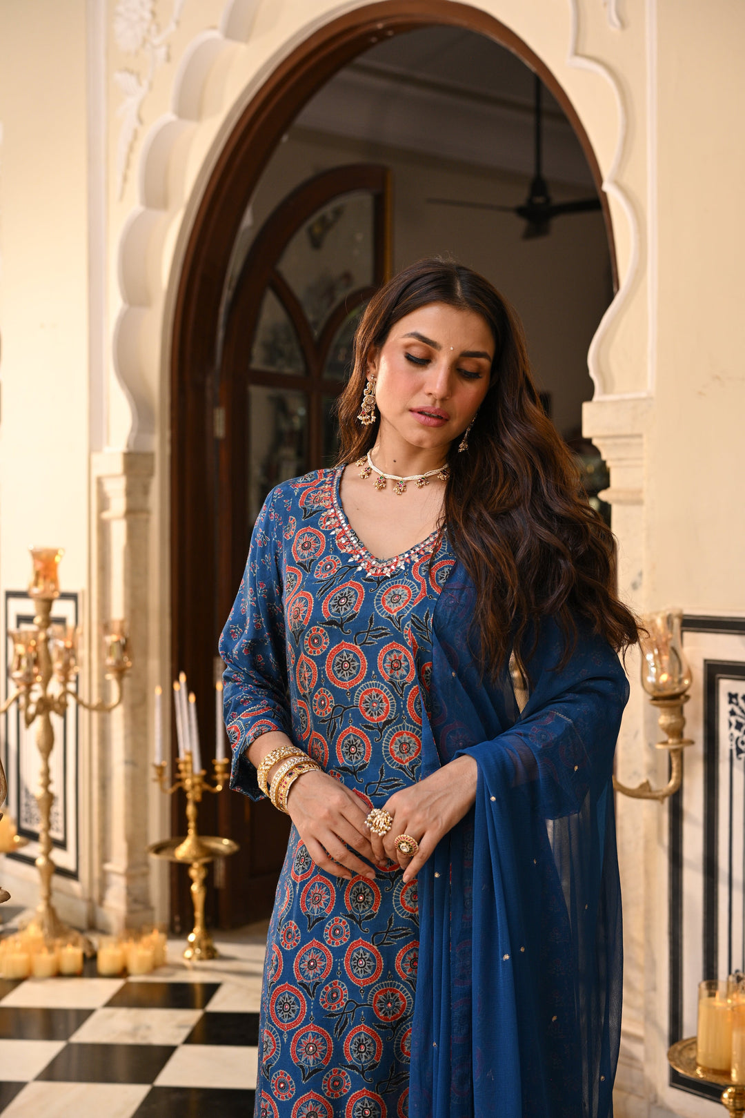 Blue Indigo Ajrakh Panel Print With Gota Spread Work Kurta with Pure Chiffon Dupatta Spread Gota Work and Muslin Ajrakh Border Suit Set - SET OF -3| SHOBITAM