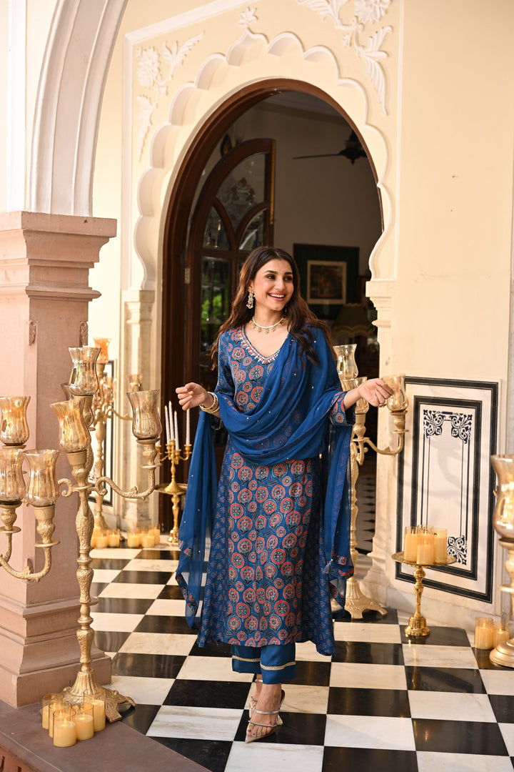 Blue Indigo Ajrakh Panel Print With Gota Spread Work Kurta with Pure Chiffon Dupatta Spread Gota Work and Muslin Ajrakh Border Suit Set - SET OF -3| SHOBITAM