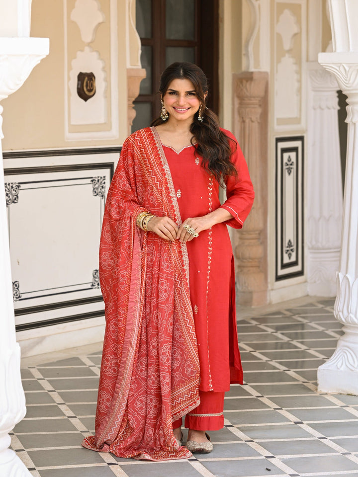 Red Suhaag gota and marodi work dola silk suit set with bandhani dupatta - SET OF-3 | SHOBITAM