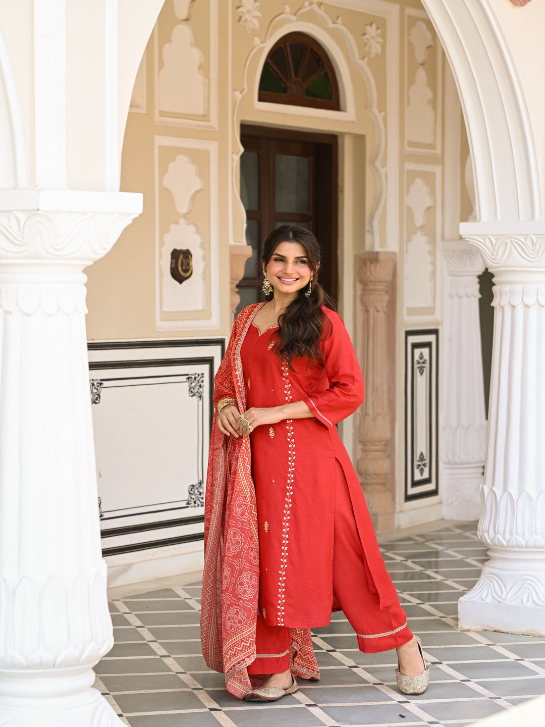 Red Suhaag gota and marodi work dola silk suit set with bandhani dupatta - SET OF-3 | SHOBITAM