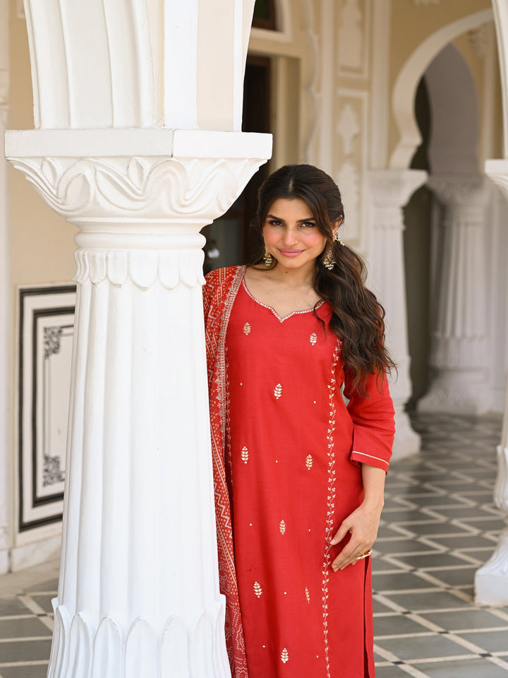 Red Suhaag gota and marodi work dola silk suit set with bandhani dupatta - SET OF-3 | SHOBITAM
