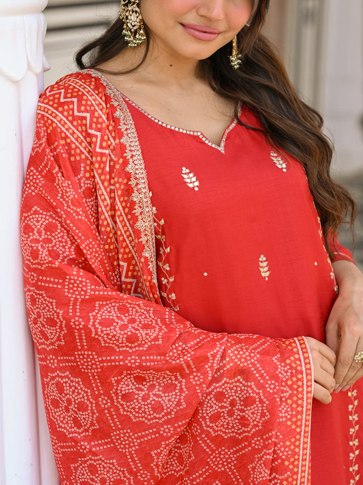 Red Suhaag gota and marodi work dola silk suit set with bandhani dupatta - SET OF-3 | SHOBITAM