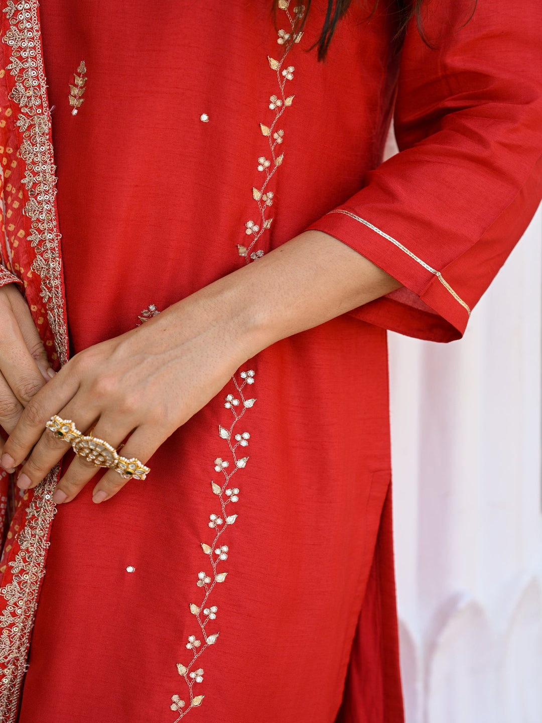 Red Suhaag gota and marodi work dola silk suit set with bandhani dupatta - SET OF-3 | SHOBITAM