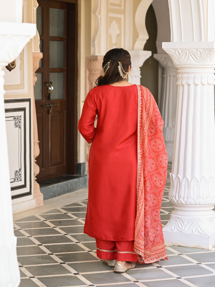 Red Suhaag gota and marodi work dola silk suit set with bandhani dupatta - SET OF-3 | SHOBITAM