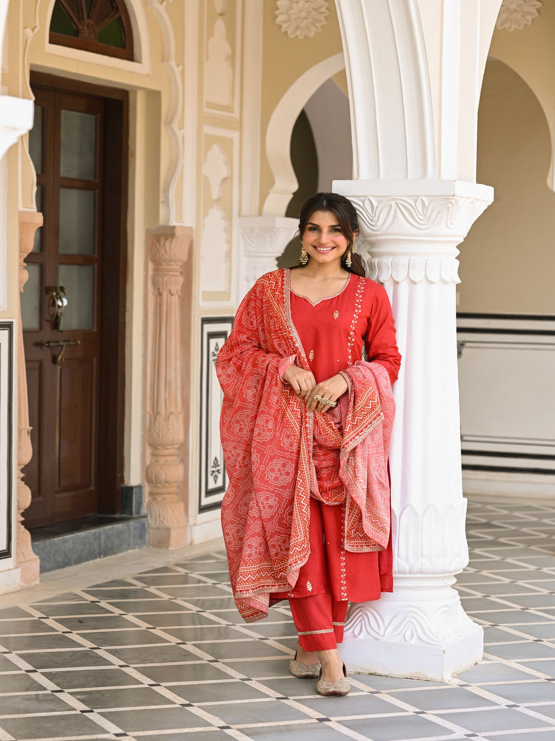 Red Suhaag gota and marodi work dola silk suit set with bandhani dupatta - SET OF-3 | SHOBITAM