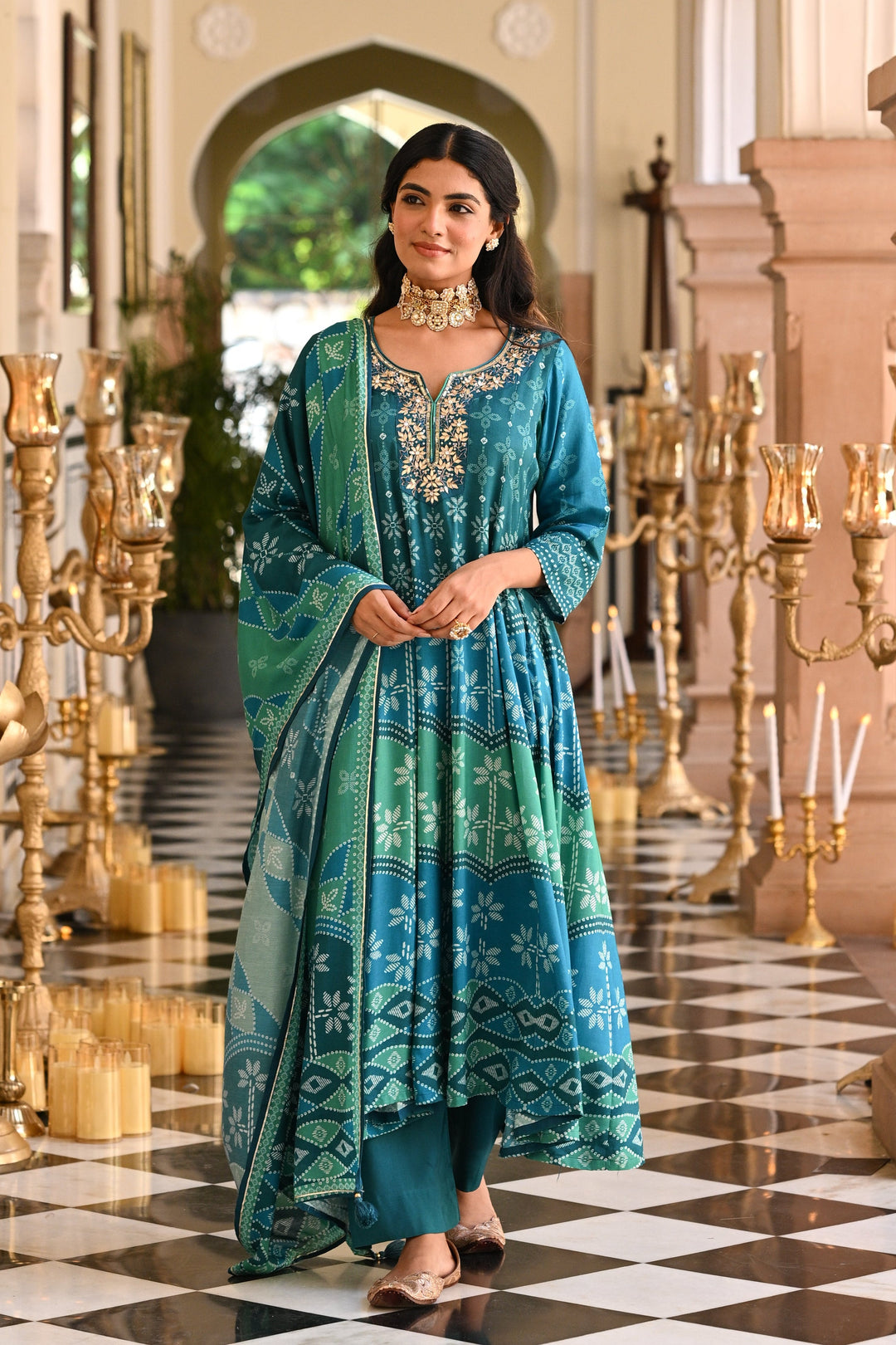 Bluish Green Muslin Anarkali Suit Set with Gota Work on Neck- SET OF-3 | SHOBITAM