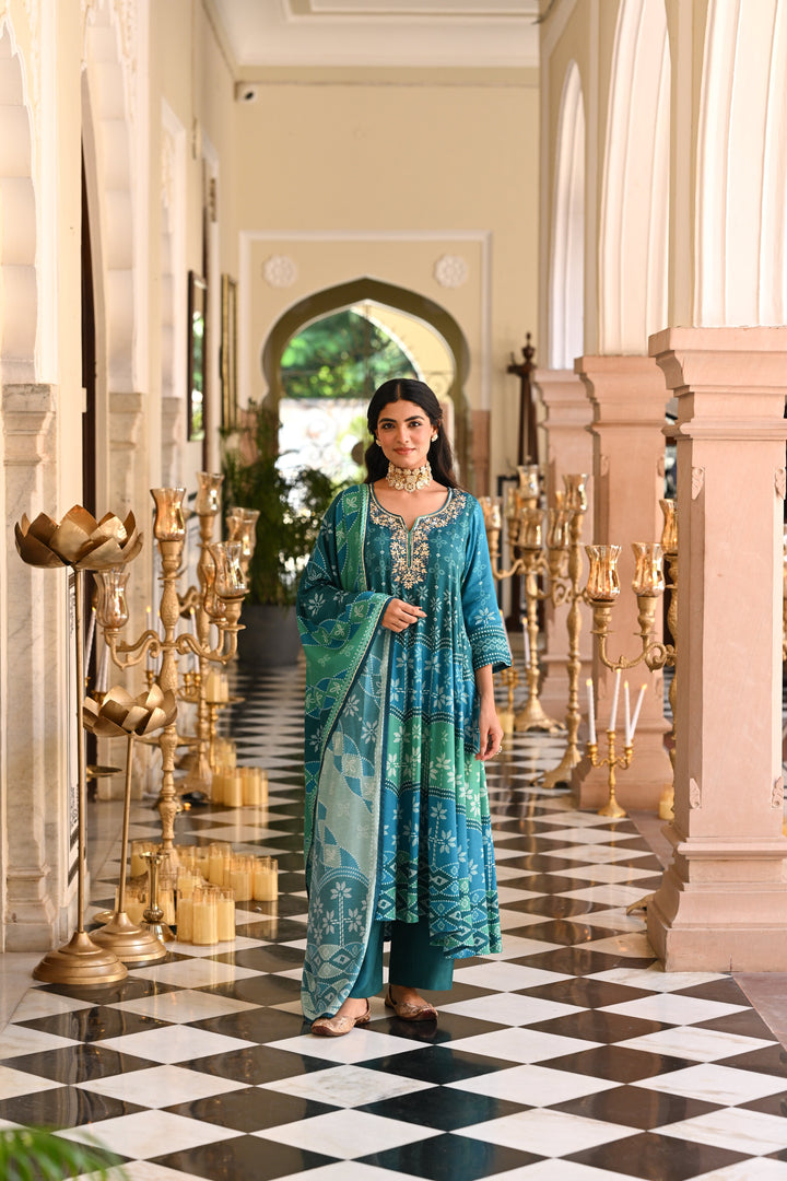 Bluish Green Muslin Anarkali Suit Set with Gota Work on Neck- SET OF-3 | SHOBITAM