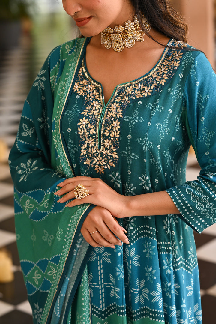 Bluish Green Muslin Anarkali Suit Set with Gota Work on Neck- SET OF-3 | SHOBITAM