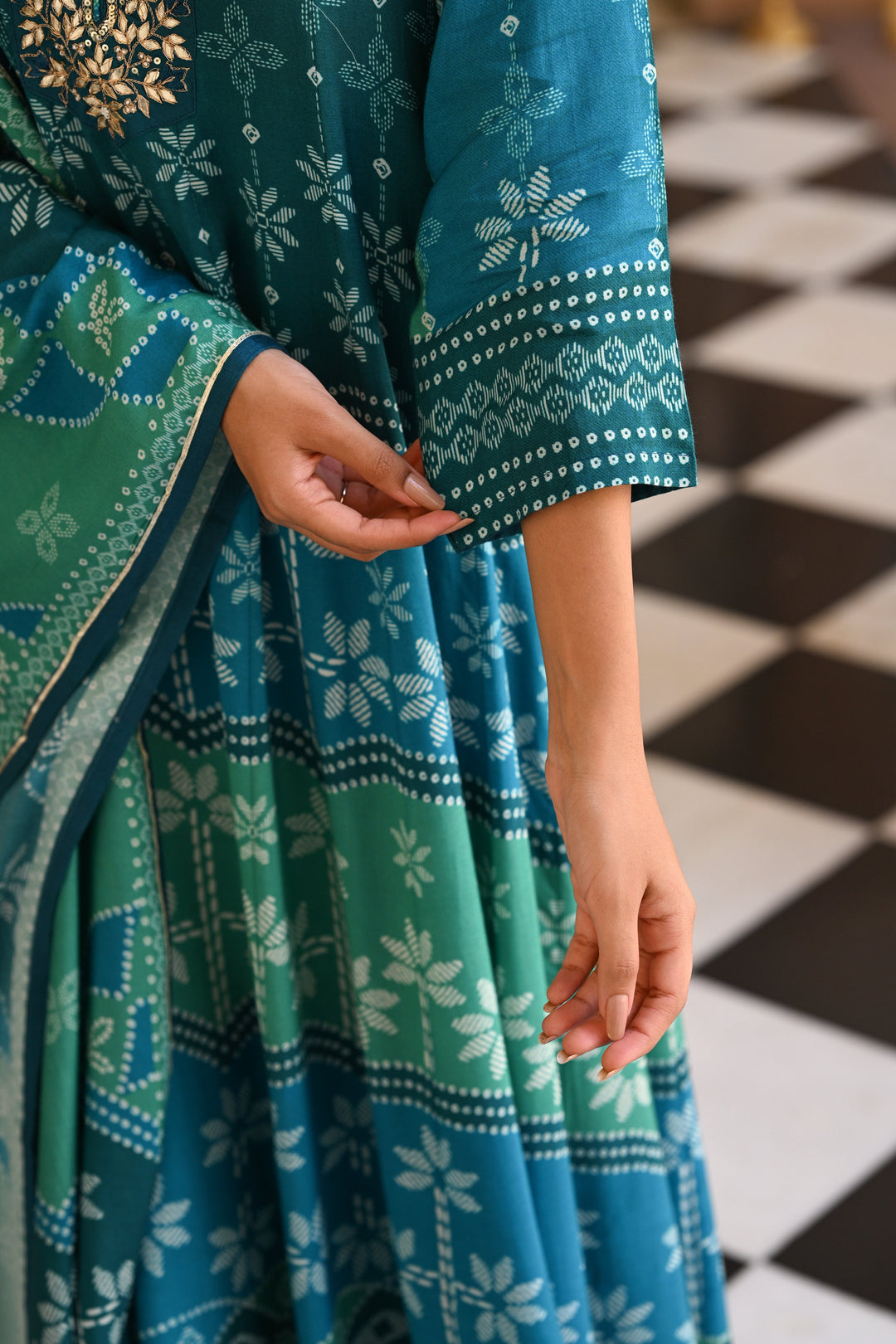 Bluish Green Muslin Anarkali Suit Set with Gota Work on Neck- SET OF-3 | SHOBITAM