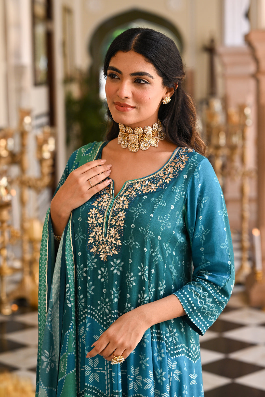 Bluish Green Muslin Anarkali Suit Set with Gota Work on Neck- SET OF-3 | SHOBITAM