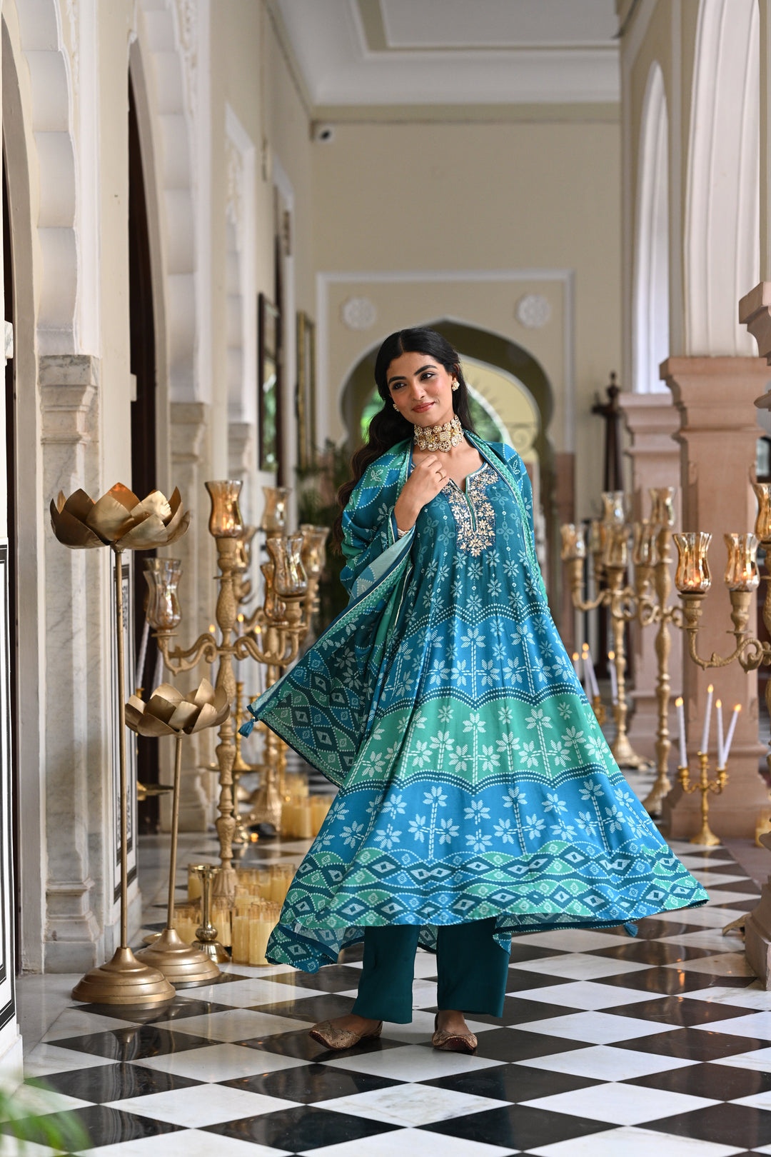 Bluish Green Muslin Anarkali Suit Set with Gota Work on Neck- SET OF-3 | SHOBITAM