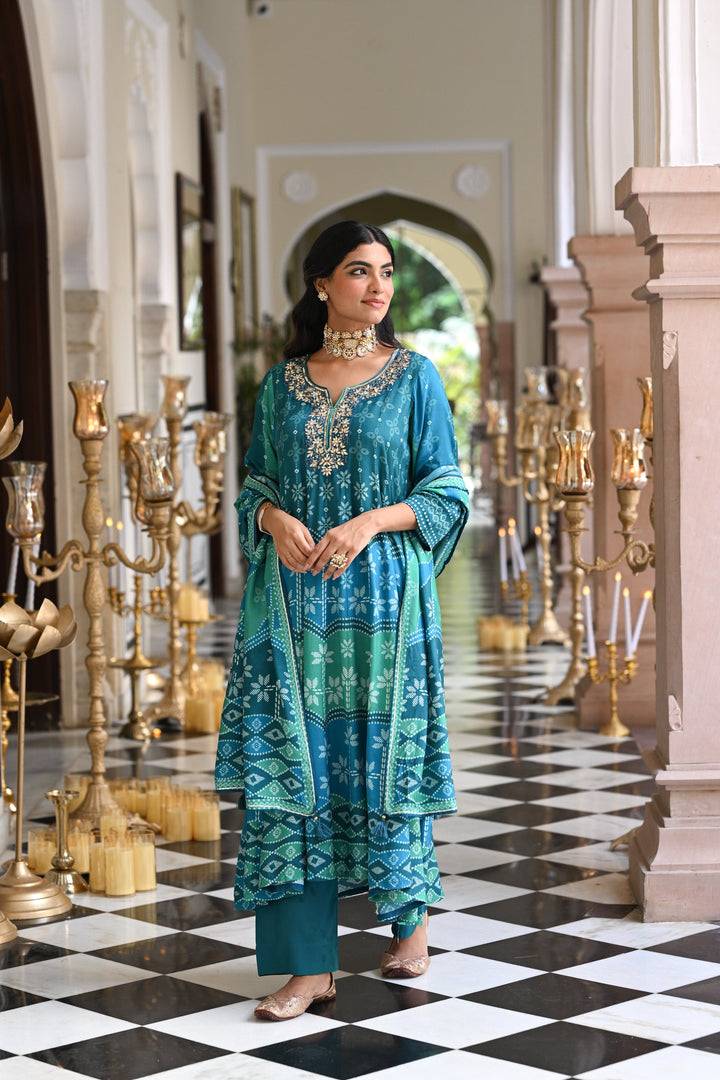 Bluish Green Muslin Anarkali Suit Set with Gota Work on Neck- SET OF-3 | SHOBITAM